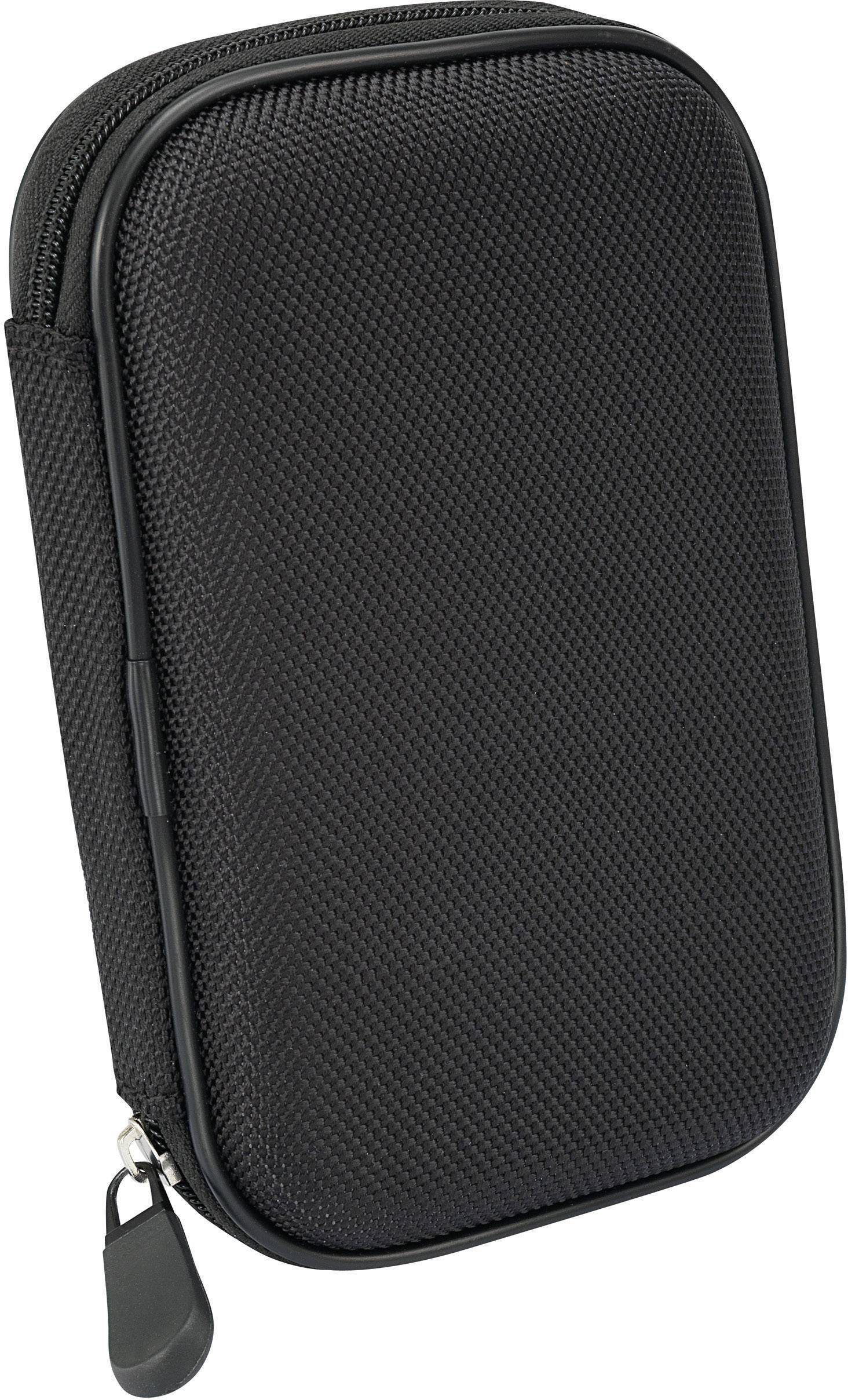 Étui noir texturé avec fermeture à glissière, utilisé pour ranger des appareils ou des accessoires, doté d'une poignée discrète sur le côté.