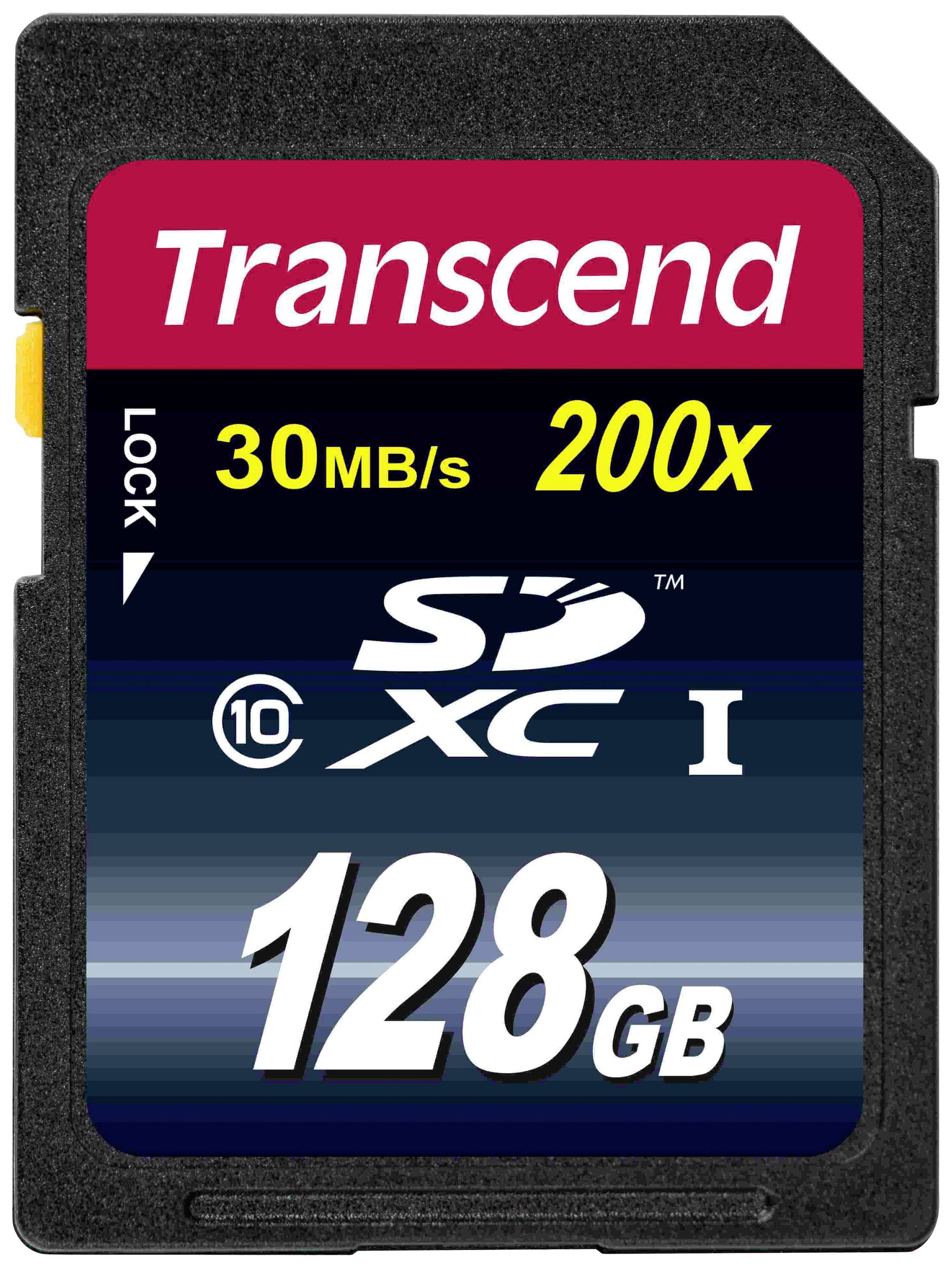 Carte mémoire de 128 Go, vitesse de transfert de 30 Mo/s et 200x, marque Transcend, SDXC Classe 10.