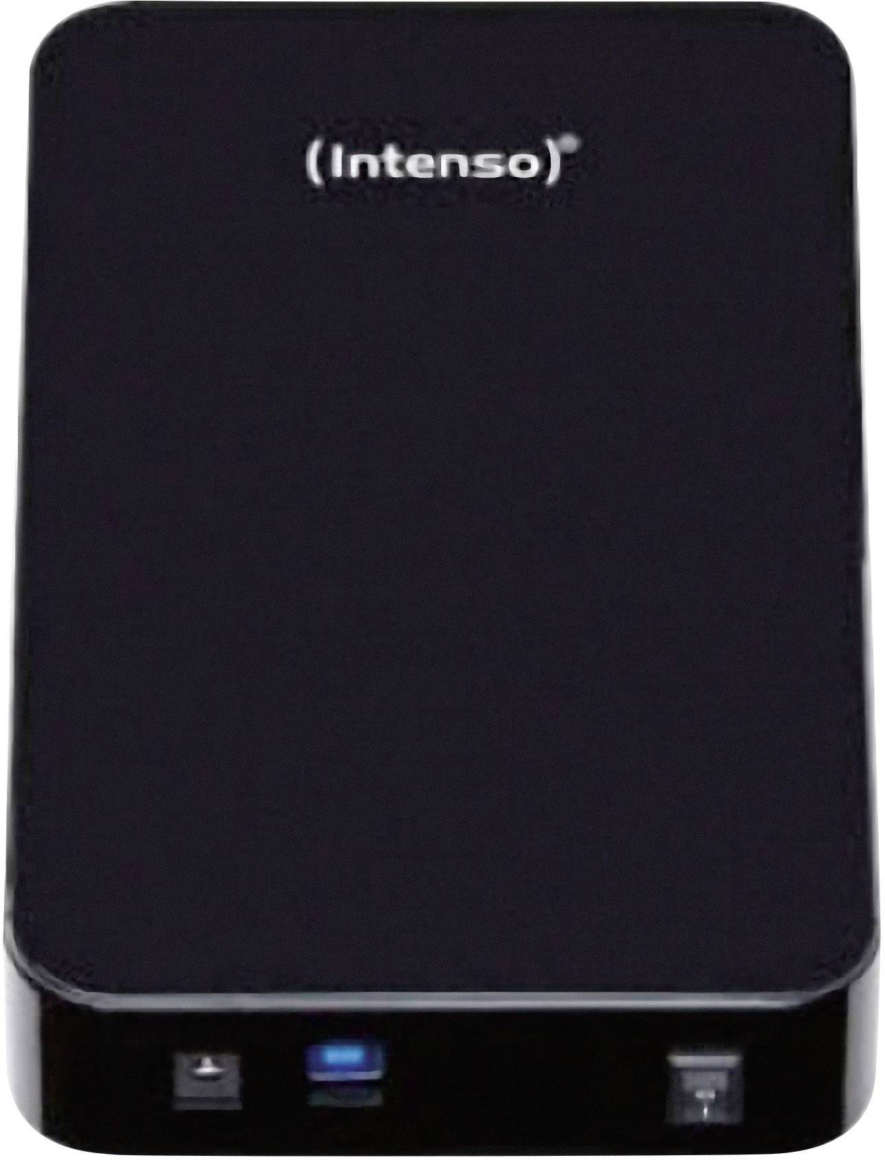 Disque dur externe de la marque 'Intenso' avec boîtier noir, affichant un voyant LED et un port de connexion sur la face avant.