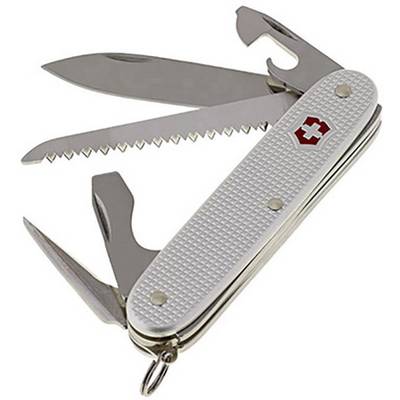 Couteau suisse multifonction avec plusieurs outils dépliés, dont une lame, une scie et un ouvre-boîte, sur fond blanc.