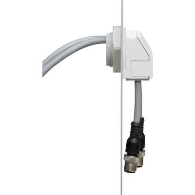 Passage de câble avec boîtier blanc, fixé au mur. Deux câbles coaxiaux sont connectés.