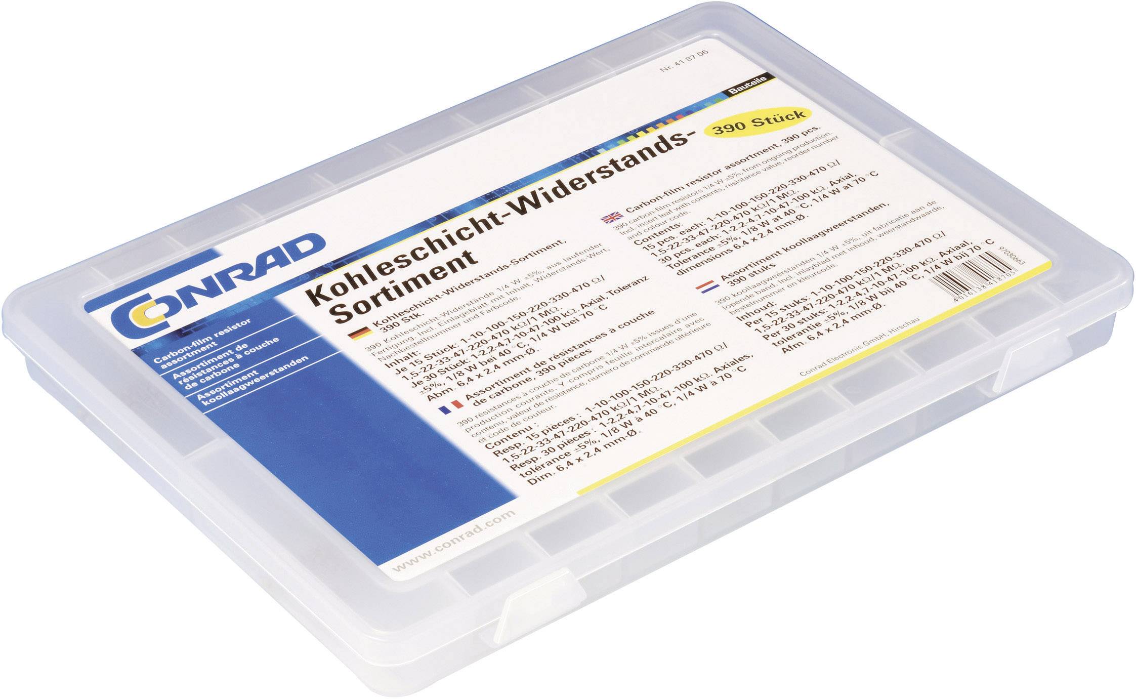 Boîte d'assortiment de résistances à couche de carbone, 300 pièces, dans un récipient en plastique transparent. Marquage de marque 'Conrad'.