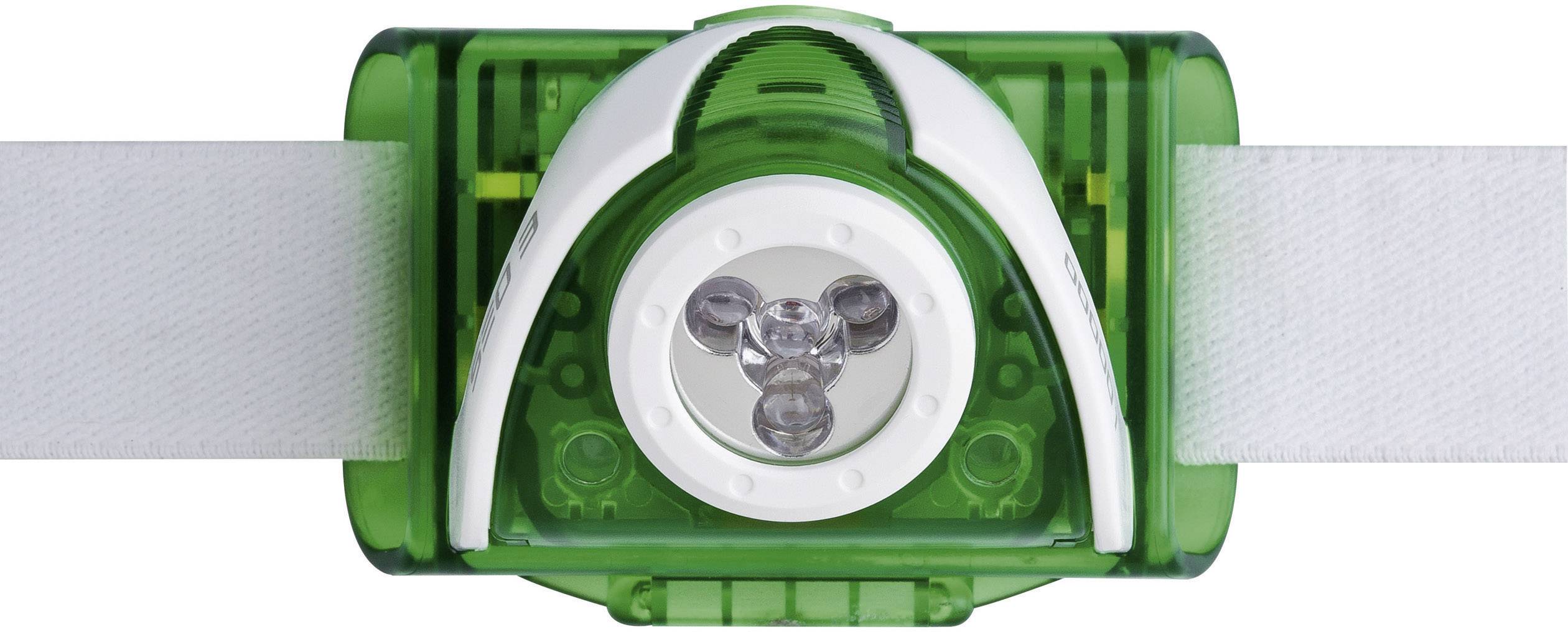 Lampe frontale verte avec bandeau blanc, éclairage central à LED et boîtier transparent.