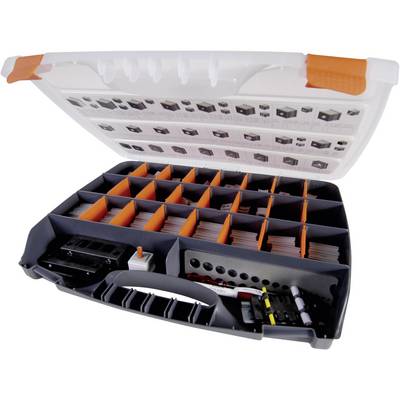 Valise ouverte à plusieurs compartiments, remplie de divers petits composants électroniques et comportant un diagramme à l'intérieur du couvercle.