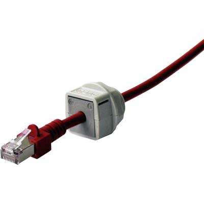 Un câble réseau rouge avec une fiche RJ45 branchée dans un adaptateur de passage de câble.