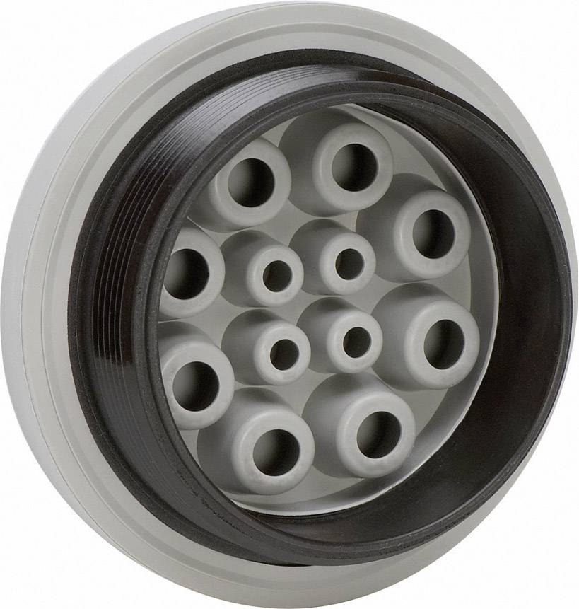 Passe-câble gris, cylindrique, en plastique, présentant plusieurs trous de différentes tailles, utilisé pour le passage de câbles ou pour des applications similaires.