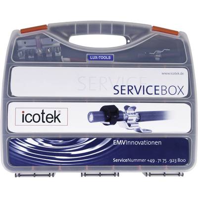'Lux-Tools SERVICEBOX' avec logo icotek et coordonnées de contact. Contient des innovations CEM. Numéro de téléphone : +49 7175 923800.