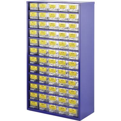 Un classeur bleu avec 12 rangées et 6 colonnes de petits tiroirs transparents, remplis de composants étiquetés en jaune.