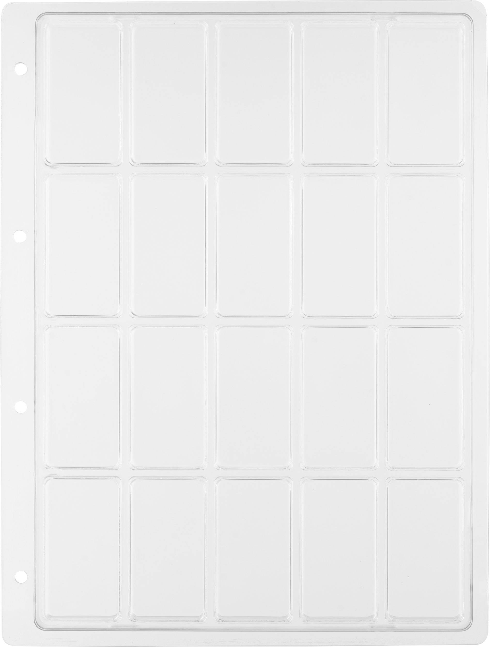 Feuille de classement en plastique avec quatre rangées de cinq pochettes rectangulaires, dans lesquelles des cartes ou de petits objets peuvent être triés.