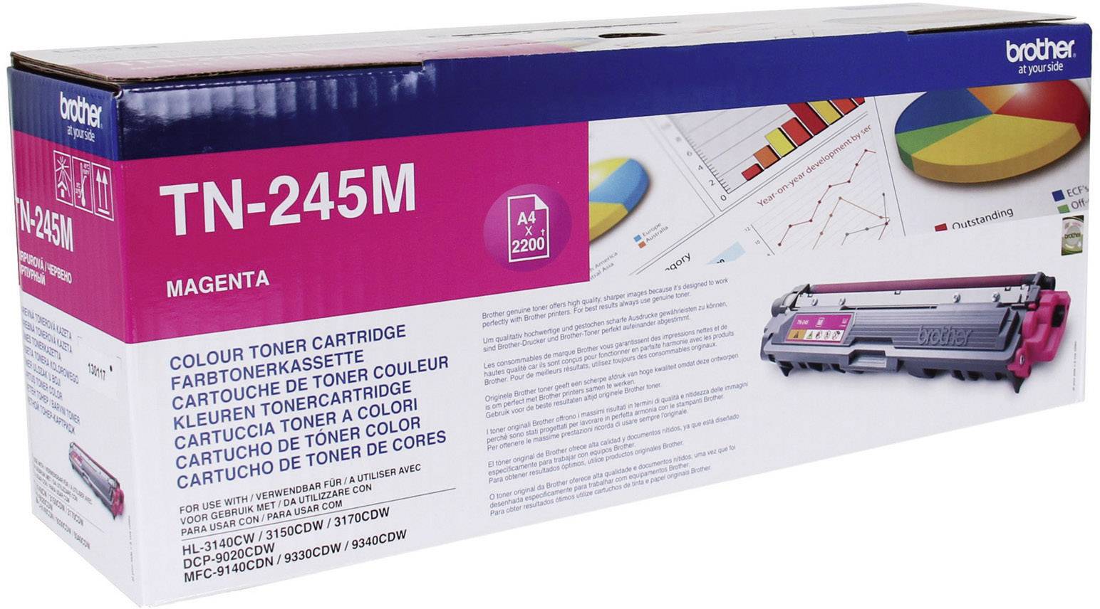 Emballage d'une cartouche de toner Magenta TN-245M de Brother, compatible avec certains modèles d'imprimantes. Les graphiques présentent des exemples d'impressions en couleur.