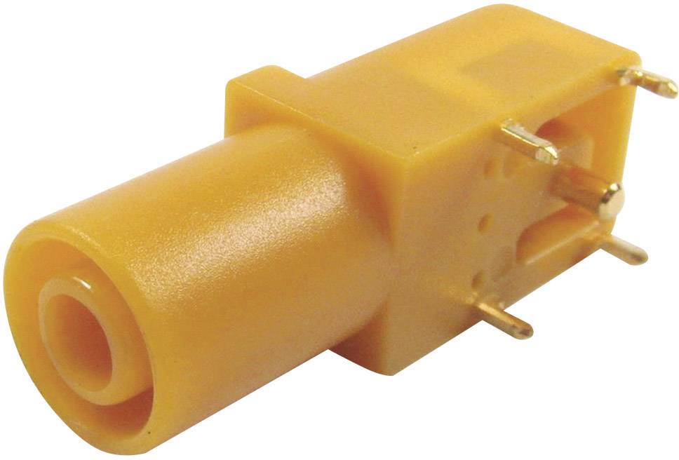 Une fiche électrique jaune avec plusieurs broches métalliques pour la soudure. La fiche est conçue pour des connexions électriques.