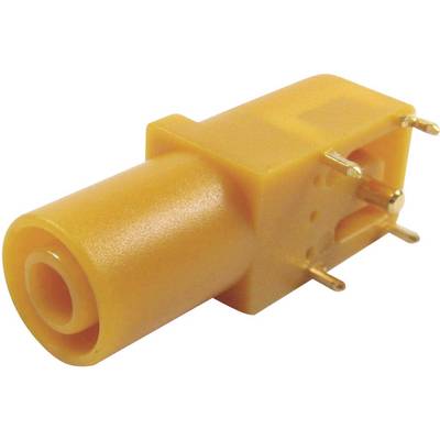 Une fiche électrique jaune avec plusieurs broches métalliques pour la soudure. La fiche est conçue pour des connexions électriques.
