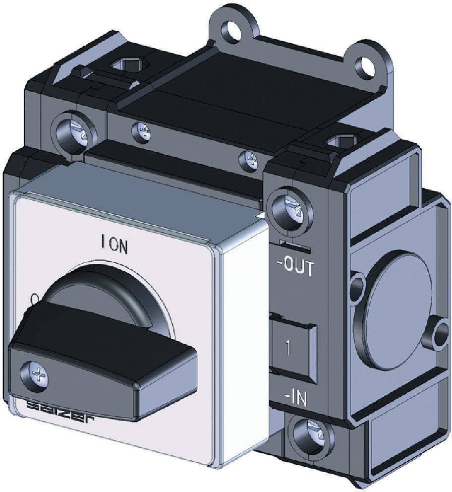 Un interrupteur électrique à bascule dans un boîtier noir et gris présente les inscriptions 'ON', 'OUT' et 'IN' pour contrôler les flux de courant.