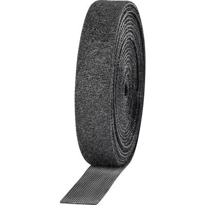 Un rouleau de ruban adhésif auto-agrippant noir, partiellement déroulé, montre la face structurée destinée à l'accrochage sur un morceau opposé.