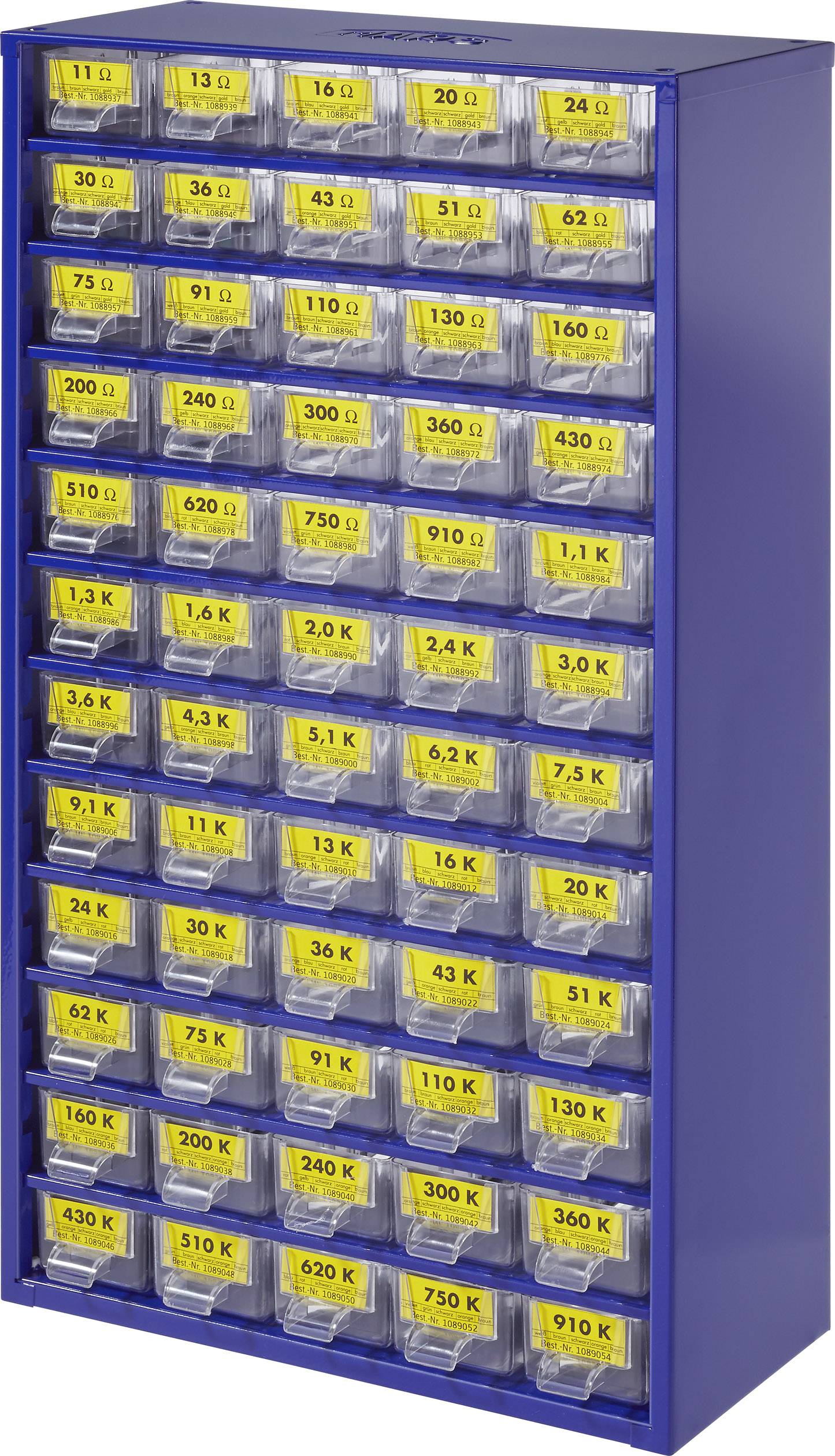Plusieurs petites tiroirs munis d'étiquettes jaunes indiquant différentes valeurs de résistance allant de 10 ohms à 6,2 kΩ.