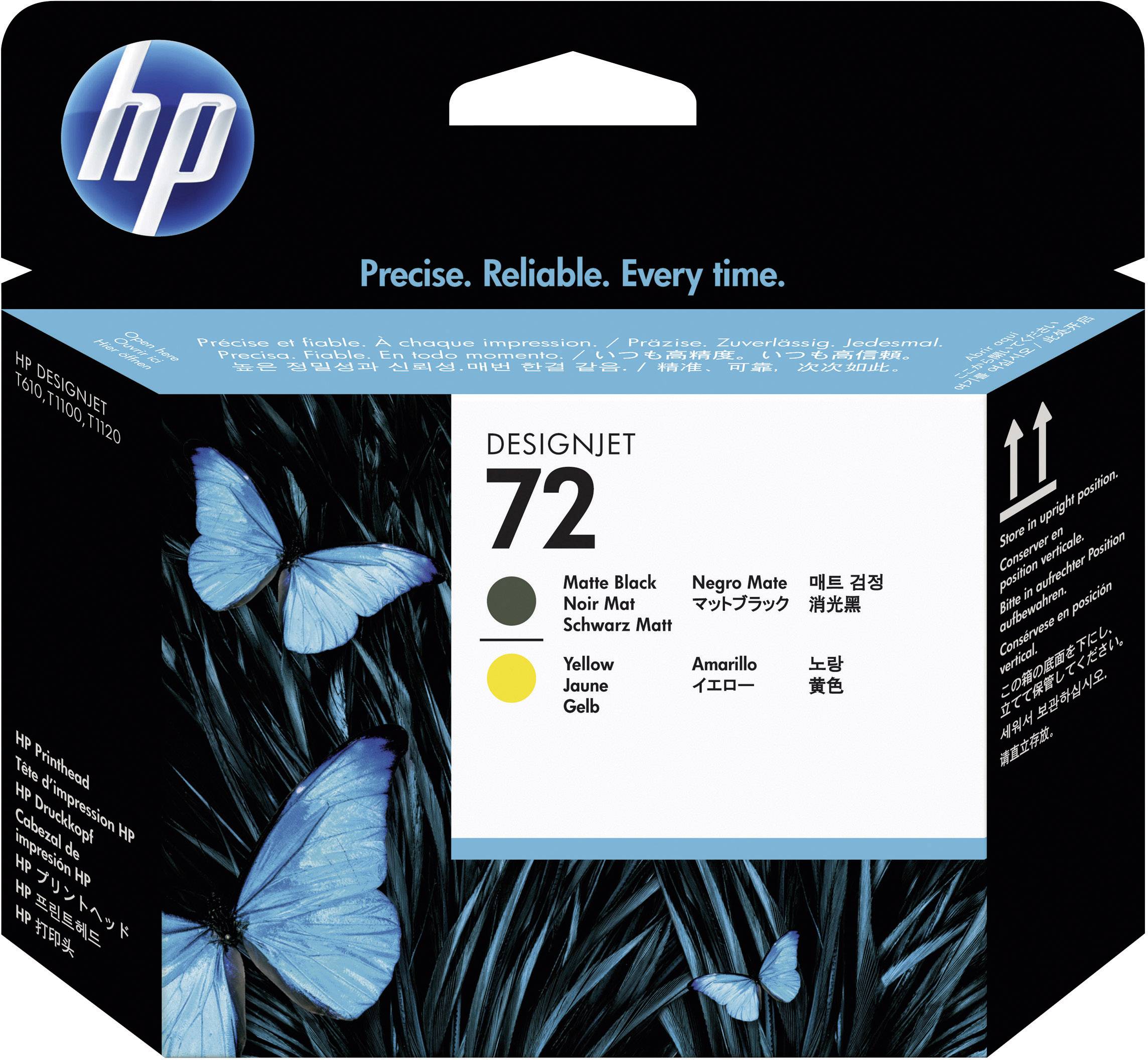 Emballage d'une cartouche d'encre HP DesignJet 72, présentant un design de papillon bleu. Contient des encres Noir Mat et Jaune.