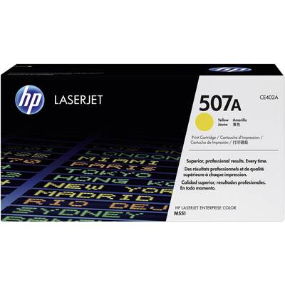 Un emballage de cartouches d'imprimante HP LaserJet, modèle 507A, couleur Jaune. Contient des indications sur la qualité des impressions.