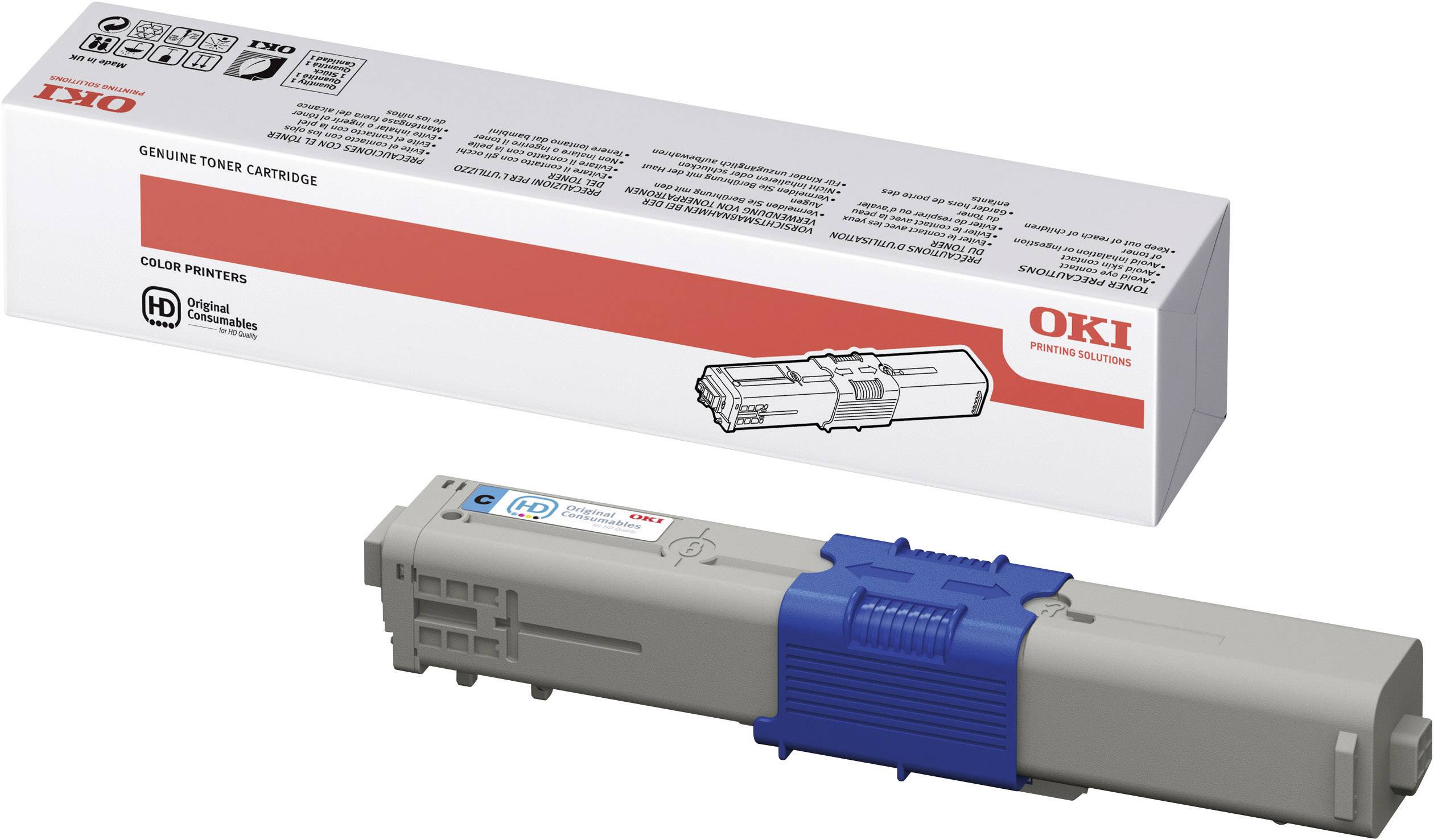 Cartouche de toner OKI, adaptée aux imprimantes laser couleur. Emballage blanc avec une bannière rouge portant l'inscription « Cartouche de toner d'origine ».
