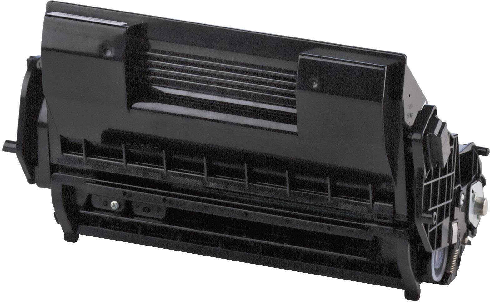 Cartouche de toner noir pour imprimante sur fond blanc. La cartouche est compacte et cylindrique avec plusieurs pièces en plastique.