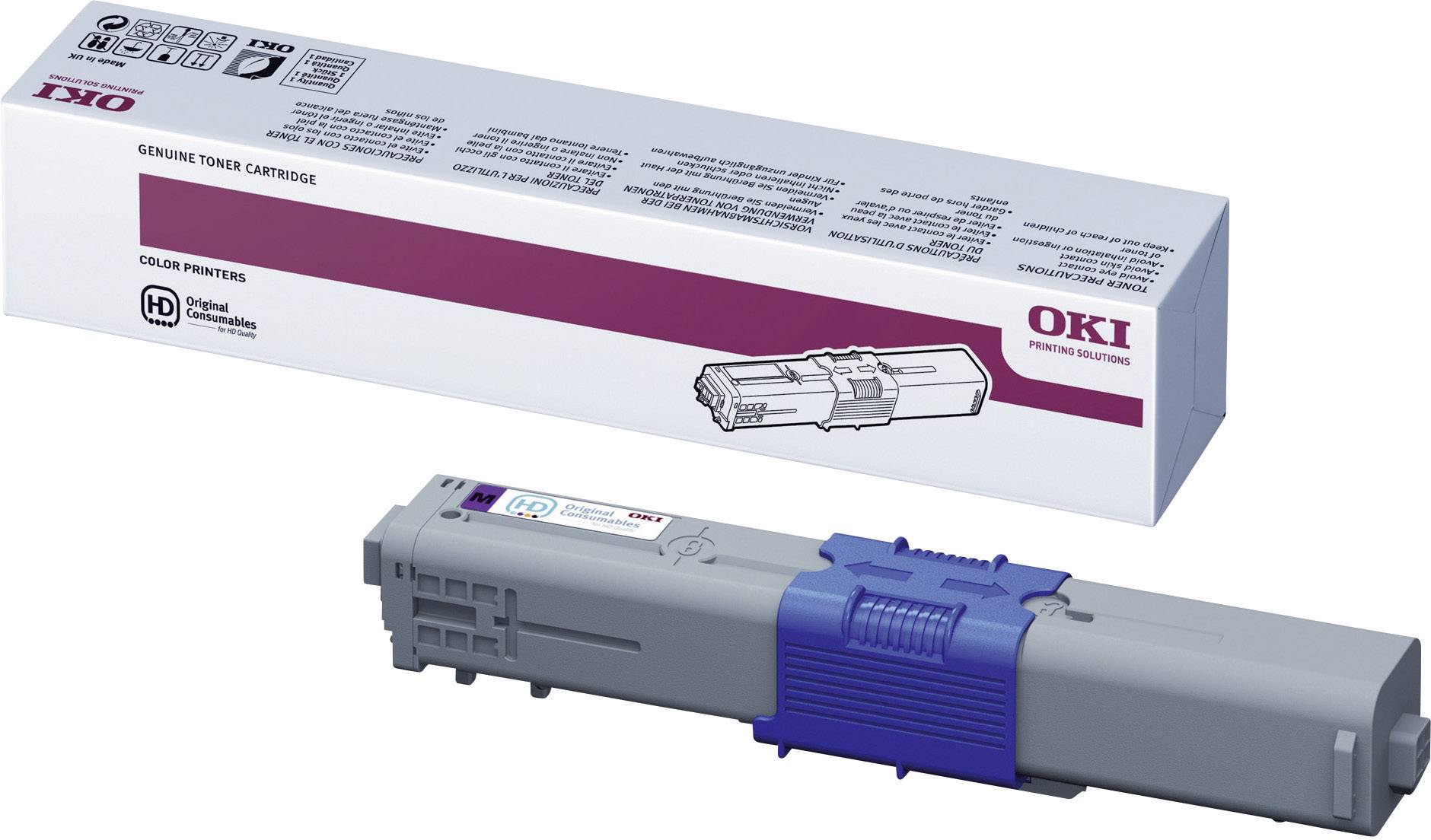 Cartouche de toner grise de la marque OKI avec un capuchon bleu à côté de son emballage sur lequel figurent des informations sur le produit.