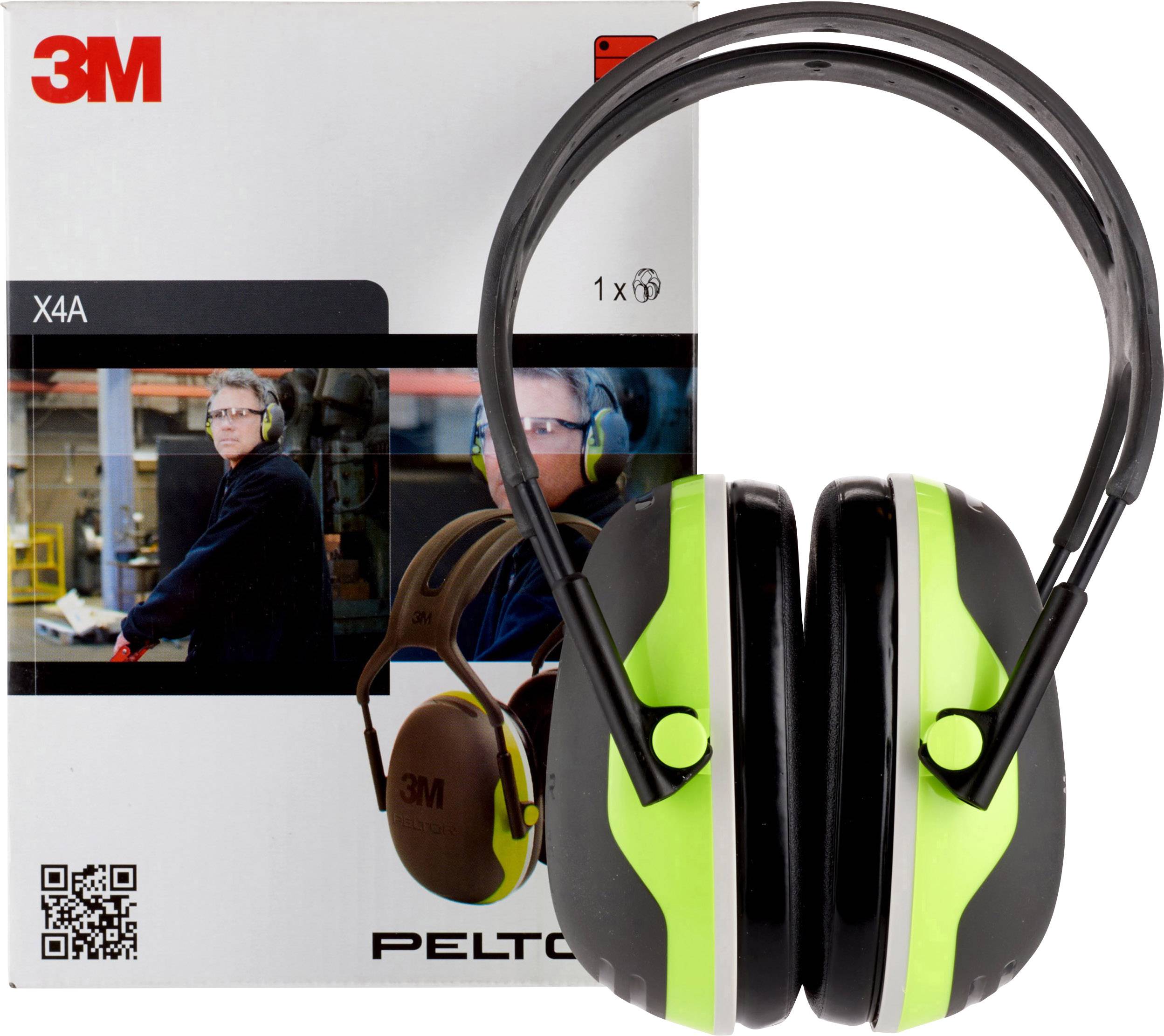 Illustration d'un casque antibruit 3M en vert et noir, présenté devant son emballage avec une image promotionnelle et un code QR.