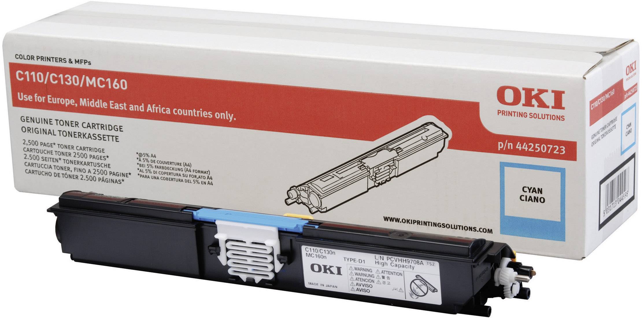 Cartouche de toner cyan pour Oki, modèle C110/C130/MC160, compatible avec les imprimantes en Europe, au Moyen-Orient et en Afrique. L'emballage présente l'image du produit.