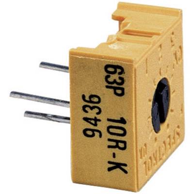 Potentiomètre trimmer jaune avec fente noire, trois broches et le marquage '10R-K 63P'. Composant électronique pour la régulation de résistance.