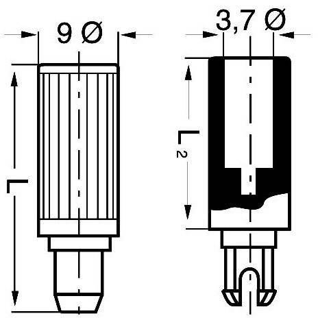 Dessin technique d'un connecteur avec dimensions : diamètre de 9 mm et 3,7 mm, différentes longueurs et vues détaillées.