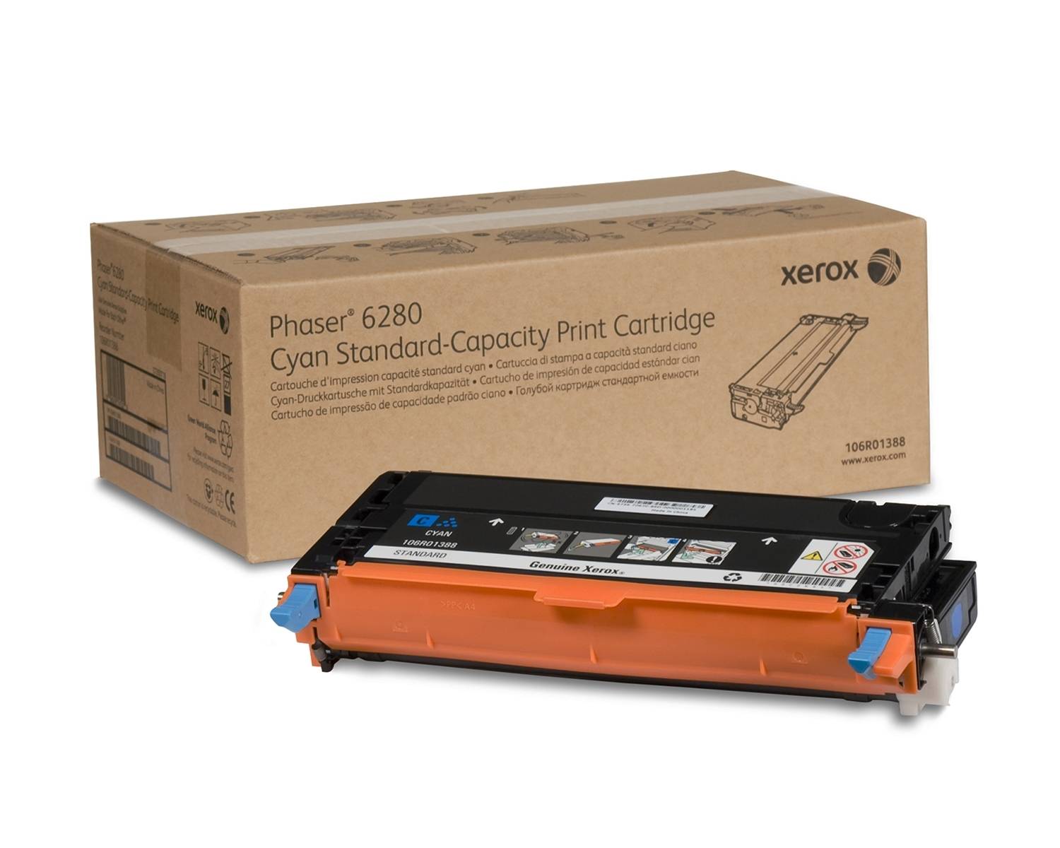 Toner cyan pour Xerox Phaser 6280, avec l'emballage en arrière-plan.