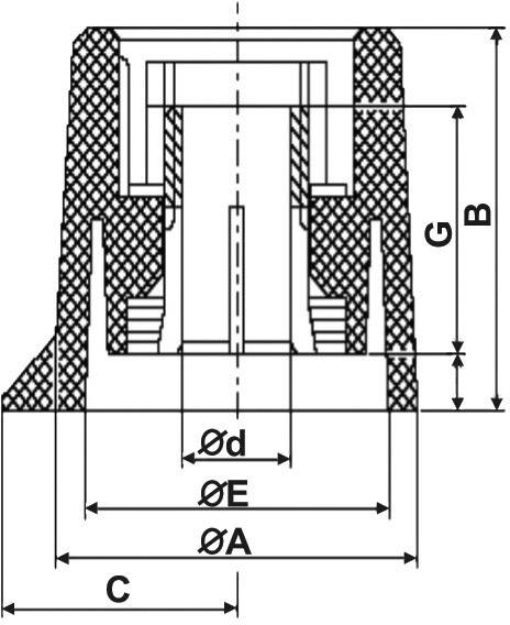 Dessin technique d'un composant avec côtes : C, Ød, ØE, ØA, G, B. La coupe transversale montre la forme et la structure.