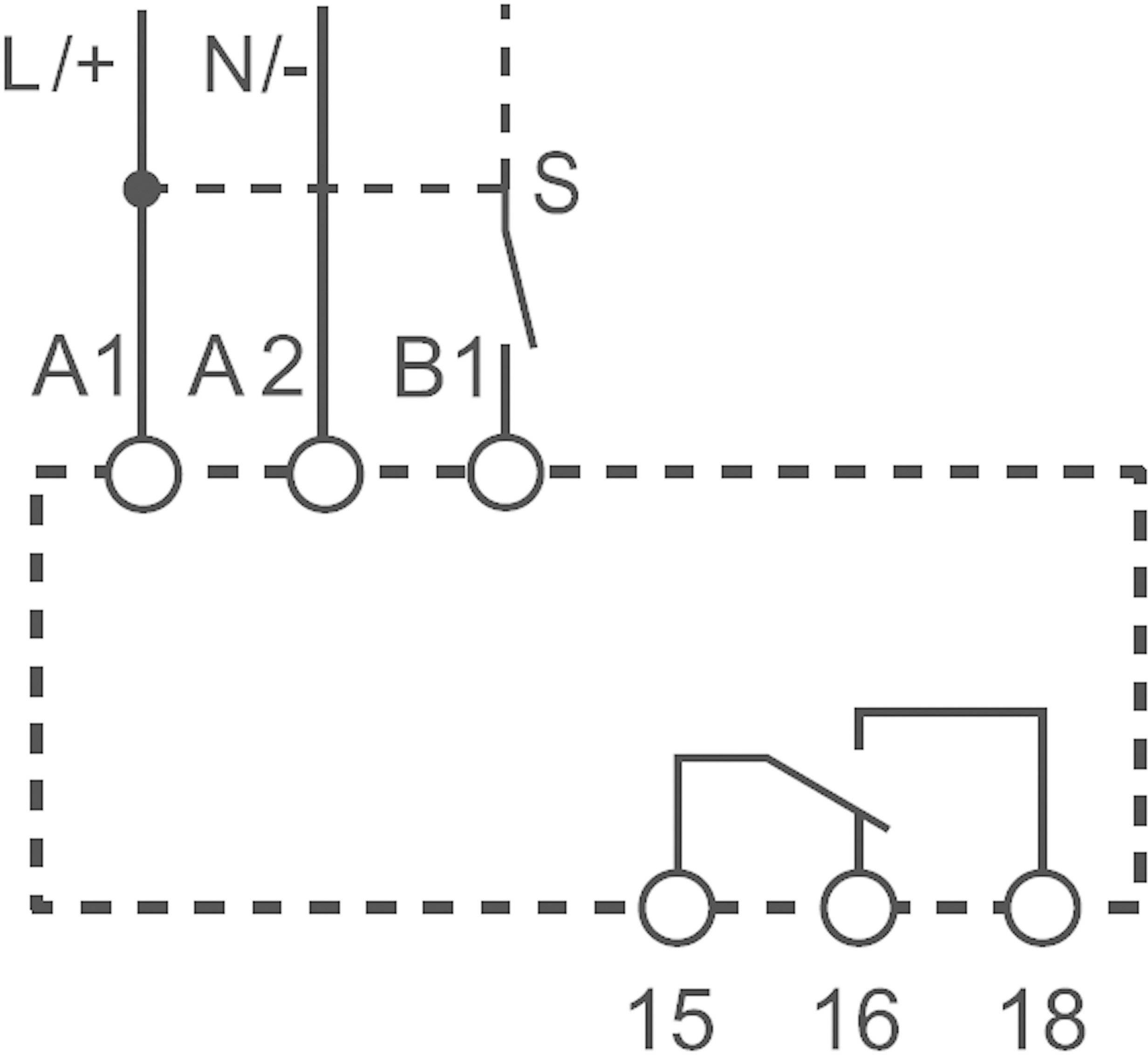 Schéma de câblage d'un relais avec points de connexion : A1, A2, B1 en haut ; S, 15, 16, 18 en bas. Les connexions entre les points sont marquées.