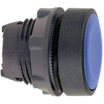 Un bouton-poussoir rond noir avec une grande surface bleue. Il convient aux systèmes de commutation électroniques ou mécaniques.