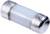 Un fusible cylindrique blanc en verre, muni de deux embouts métalliques.