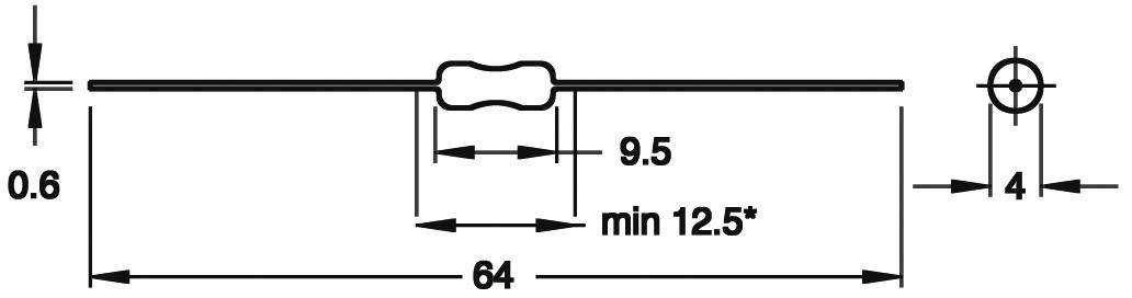 Illustration d'un composant électronique axial cylindrique d'une longueur de 64 mm. Vue latérale et vue de face avec dimensions.