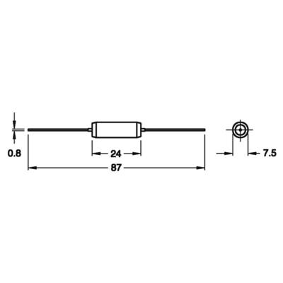 Diagramme d'un composant électronique cylindrique avec les dimensions suivantes : diamètre 7,5 mm, longueur 24 mm, longueur totale avec câble 87 mm.