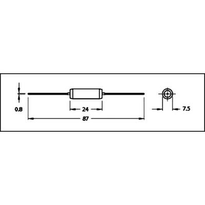 Diagramme d'un composant électronique avec dimensions : longueur totale 87 mm, largeur 0,8 mm, diamètre de l'extrémité 7,5 mm, unité centrale 24 mm.