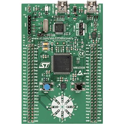 Carte de développement STM32F3 avec microcontrôleur, ports USB, LED et bouton de réinitialisation. Adaptée aux projets électroniques et au développement de prototypes.
