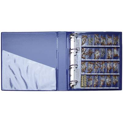 Un dossier bleu ouvert contenant plusieurs pages présentant différents motifs de lampes dans des pochettes transparentes.