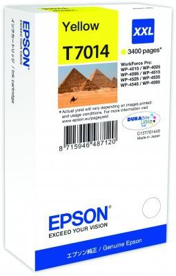 Une cartouche d'imprimante Epson, modèle T7014, jaune. Capacité : 3400 pages. Compatible avec les modèles WP-4015 à WP-4595.