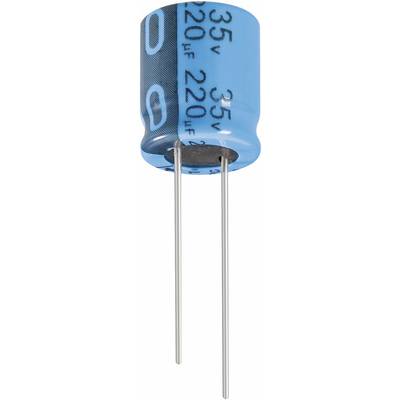 Condensateur électrolytique à boîtier bleu, marqué '35V 220μF', deux bornes en bas.