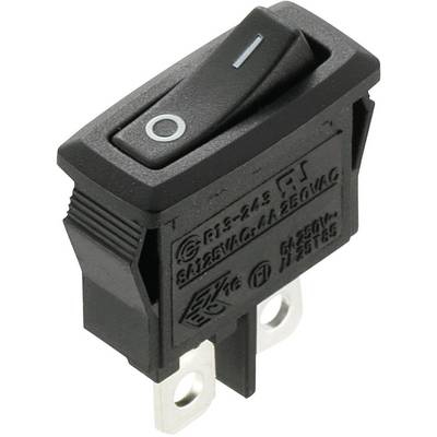 Interrupteur à bascule noir avec inscriptions et bornes argentées, adapté pour des circuits électriques jusqu'à 250V.