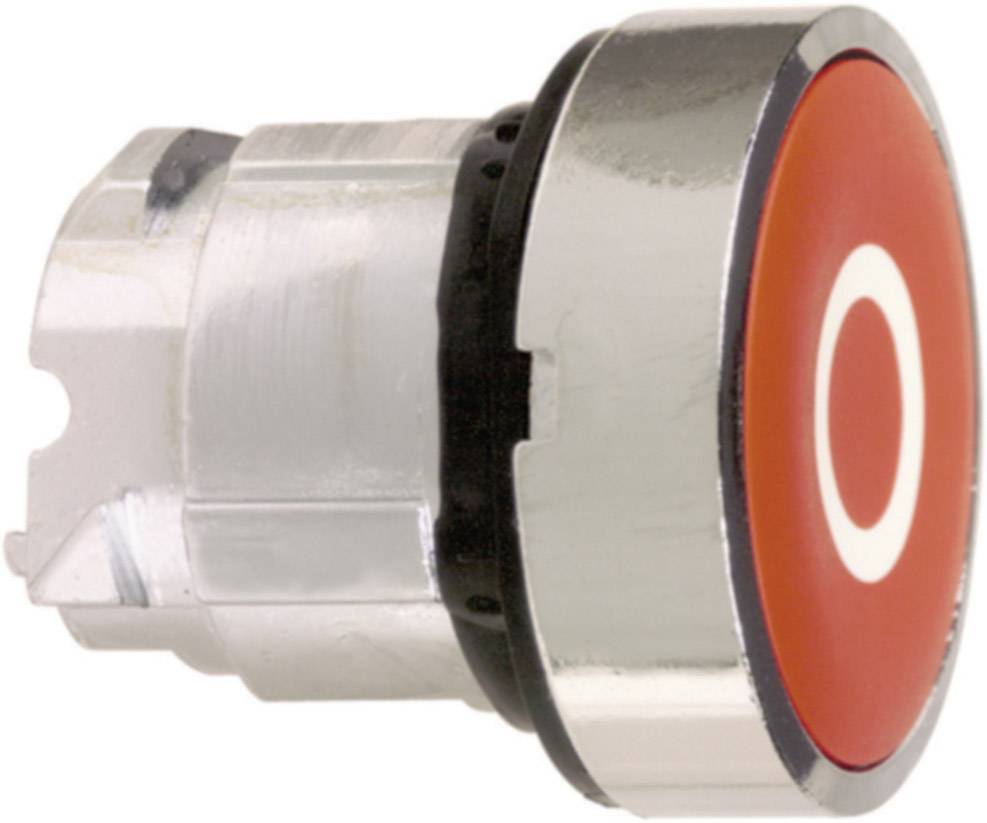 Bouton-poussoir argenté et rouge avec un cercle blanc au centre, utilisé pour démarrer ou arrêter un appareil.