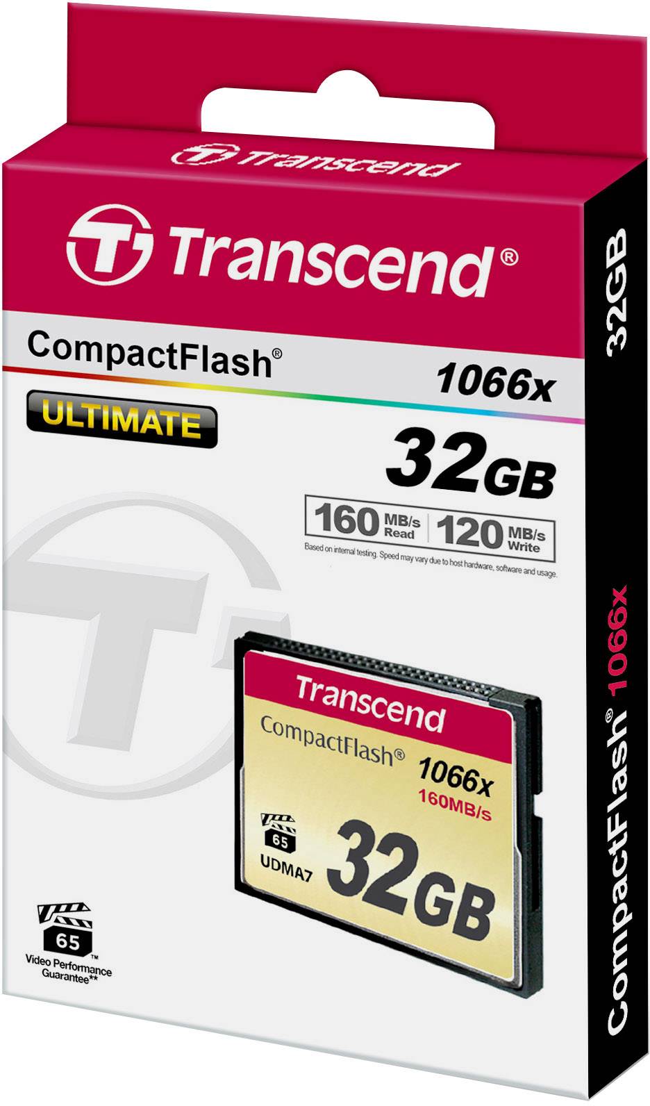 Emballage d'une carte mémoire Transcend CompactFlash de 32 Go, vitesse 1066x, UDMA7, sur sa face avant.