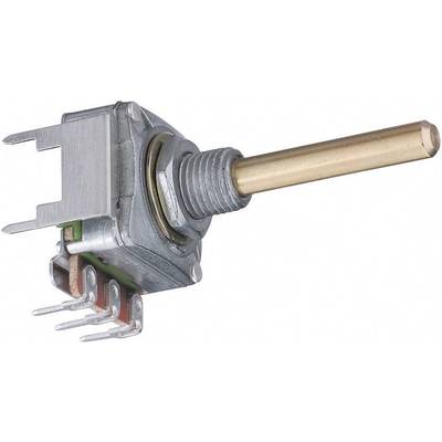 Potentiomètre métallique avec levier et plusieurs broches de connexion pour le contrôle d'appareils électriques.