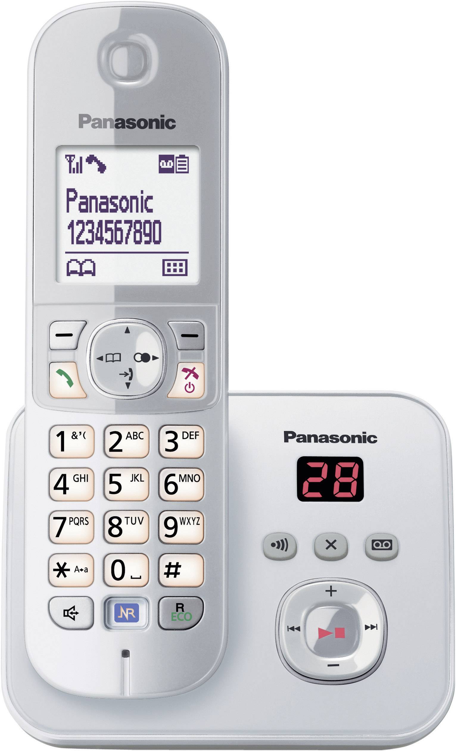 Téléphone fixe sans fil avec station de base. L'écran affiche 'Panasonic' et le numéro '1234567890'. Le répondeur indique '28'.