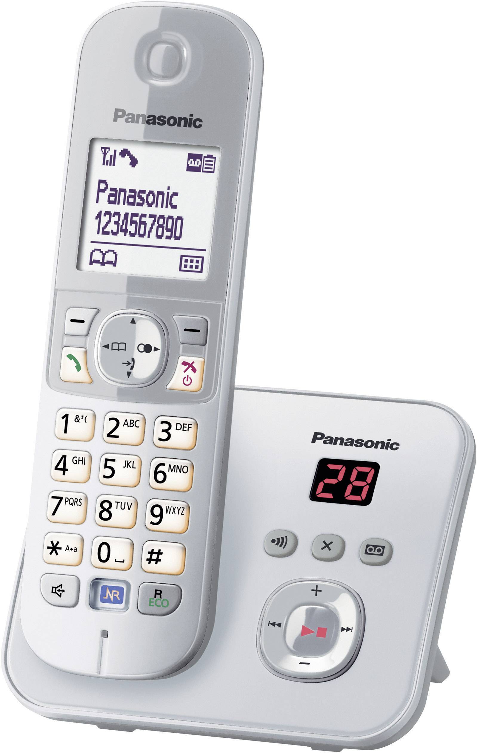 Téléphone sans fil blanc Panasonic avec station de base, affichant le numéro 1234567890 sur l'écran. La base dispose d'un indicateur haut-parleur 28.