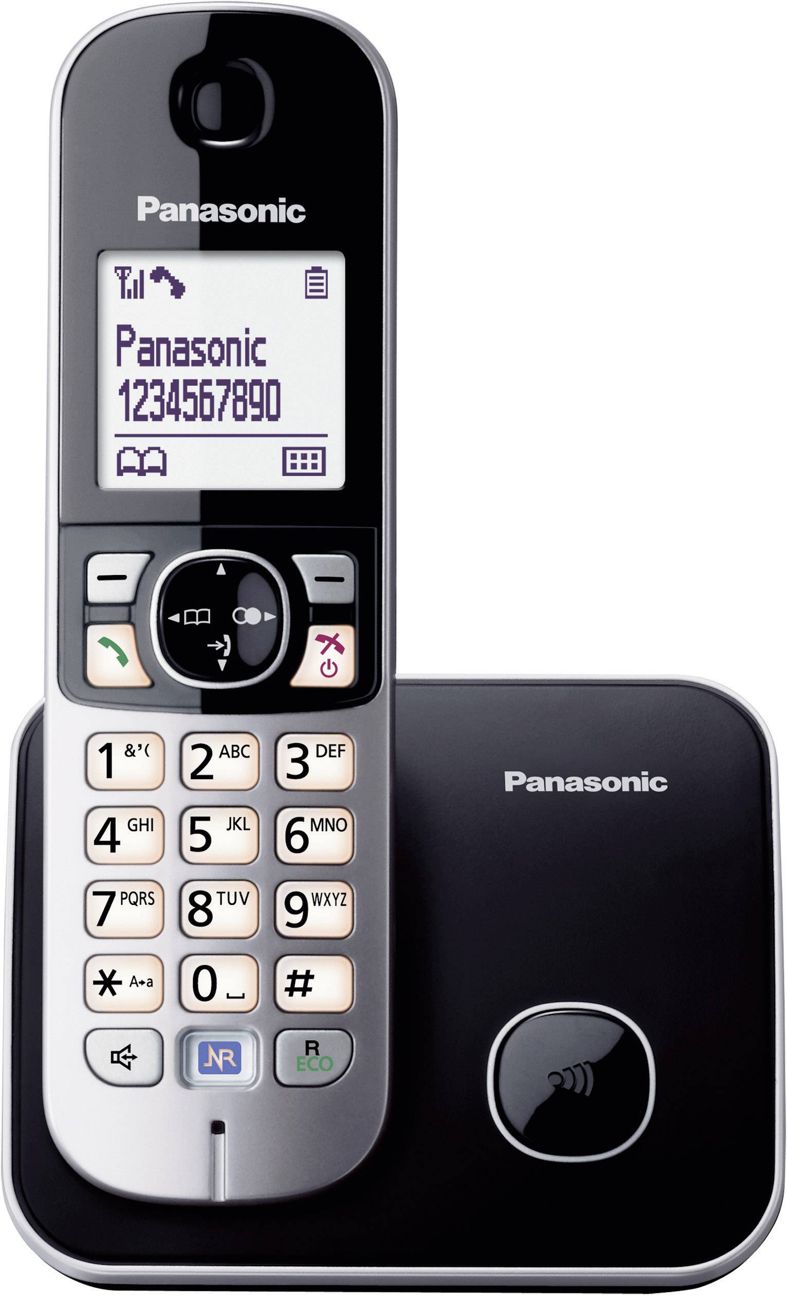 Téléphone sans fil avec station de base et écran rétroéclairé. Affiche le numéro de téléphone '1234567890'. Clavier avec chiffres et symboles.