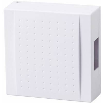 Un dispositif blanc rectangulaire avec un panneau avant perforé et une fenêtre de capteur sur le côté. Utilisation possible pour une alarme incendie ou d'autres fonctions de détection.