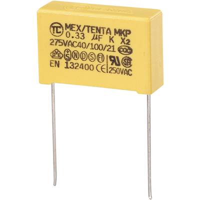 Condensateur jaune avec deux pattes métalliques, marqué '0,33 µF 275VAC', avec un signe de certification en dessous. Adapté pour les circuits électriques.