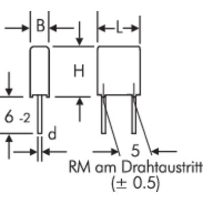 Dessin technique d'un composant électronique avec dimensions : largeur (L), hauteur (H), longueur (P), diamètre (d), pas de grille (PG) et sortie de fil.